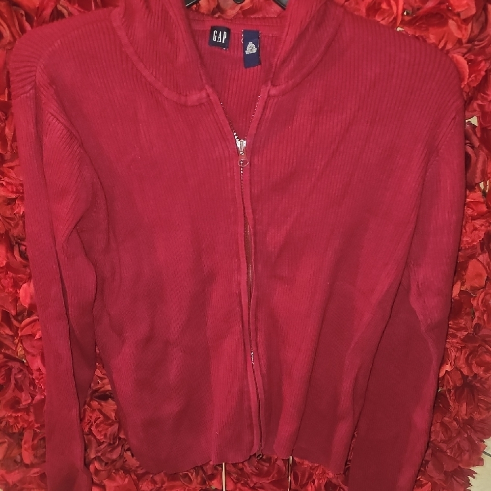 GAP Women's Maroon Red Ribbed Hooded Sweater Jacket Size Xlarge